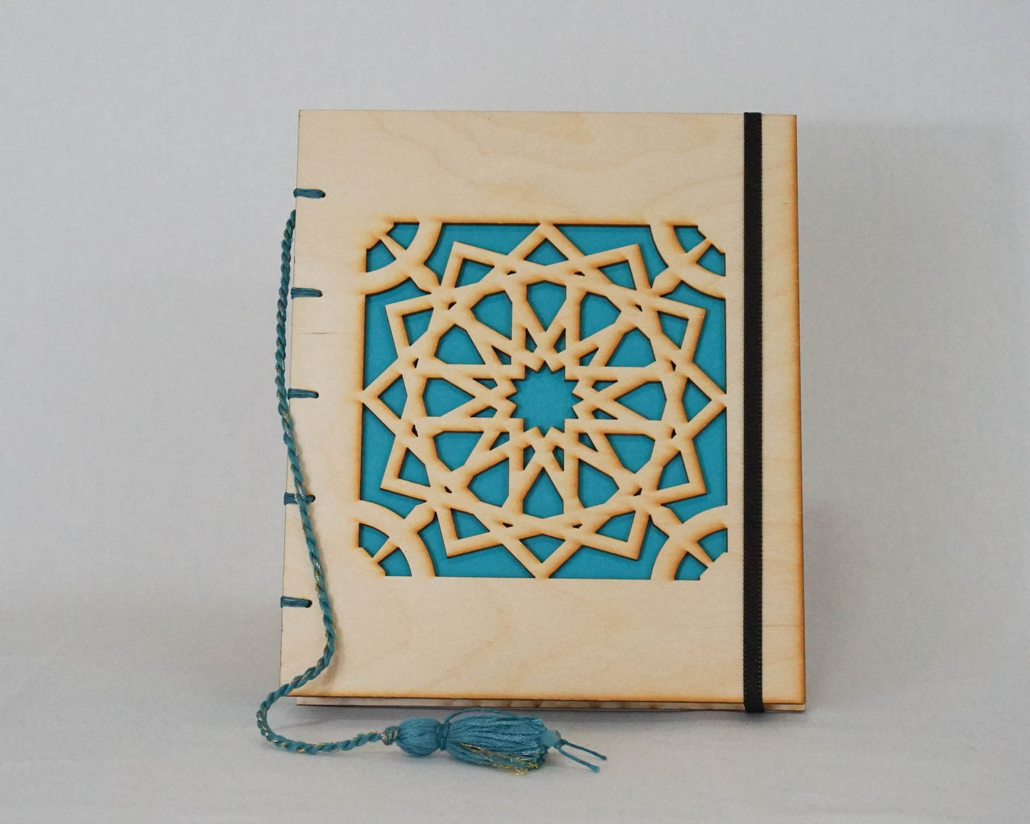 Large Wooden Cover Hand bound Journal with Arabic Geometric Mandala with Free Personalized Engraving