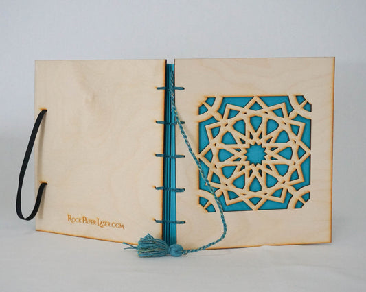 Large Wooden Cover Hand bound Journal with Arabic Geometric Mandala with Free Personalized Engraving