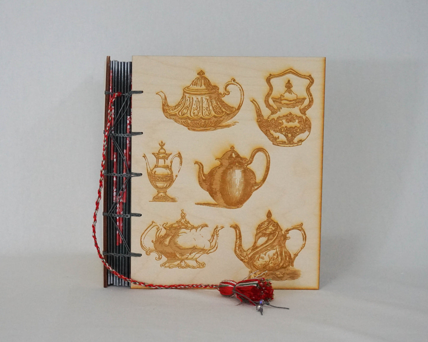 Large Wooden Cover Hand bound Journal with Engraved Vintage Illustration of Teapots