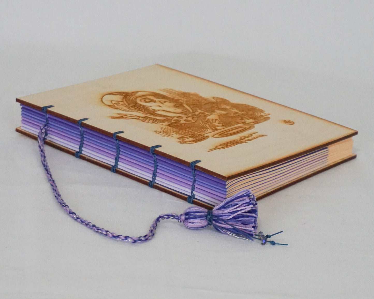 Large Wooden Cover Hand bound Journal with Engraved Vintage Illustration of Alice in Wonderland's Mad Hatter