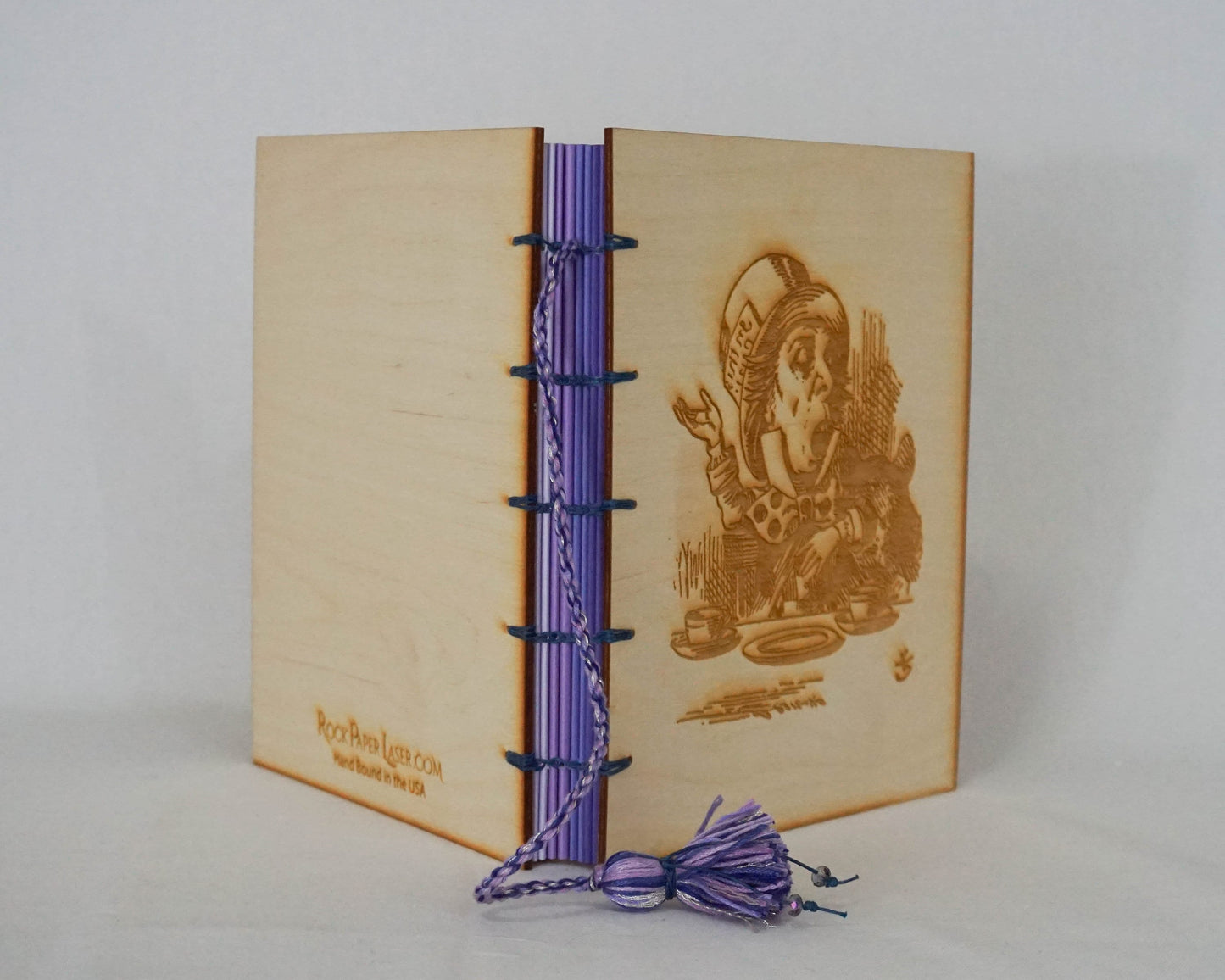 Large Wooden Cover Hand bound Journal with Engraved Vintage Illustration of Alice in Wonderland's Mad Hatter