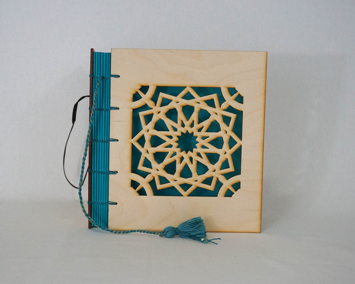 Large Wooden Cover Hand bound Journal with Arabic Geometric Mandala with Free Personalized Engraving