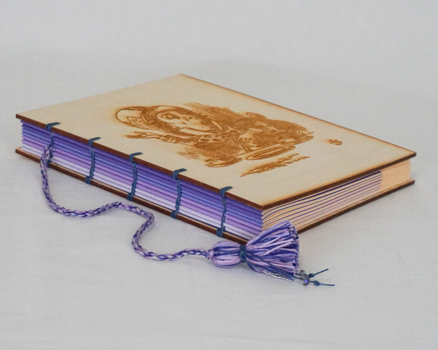 Large Wooden Cover Hand bound Journal with Engraved Vintage Illustration of Alice in Wonderland's Mad Hatter