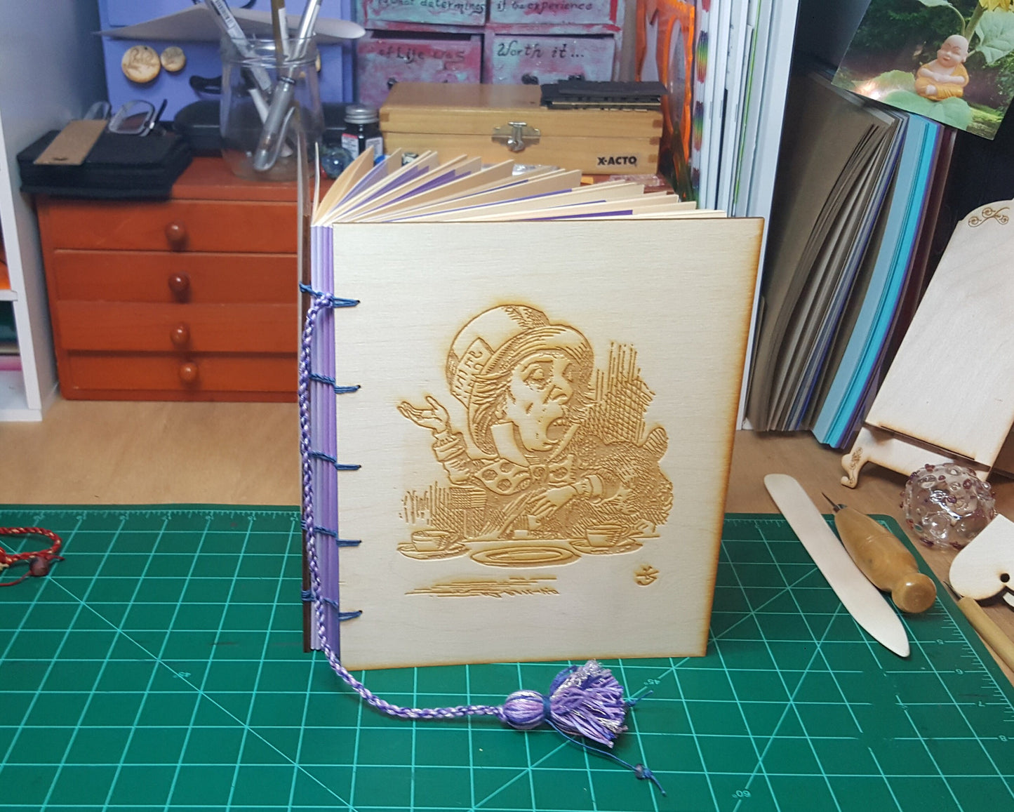 Large Wooden Cover Hand bound Journal with Engraved Vintage Illustration of Alice in Wonderland's Mad Hatter