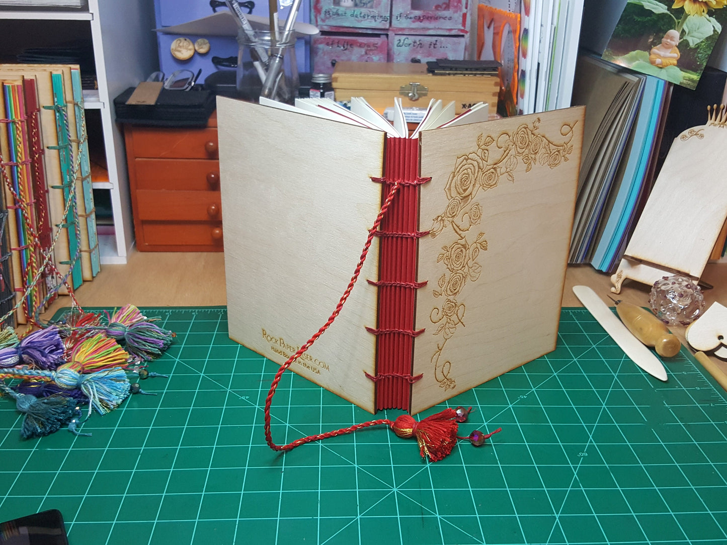 Handbound Journal with Wood Cover Engraved with Roses