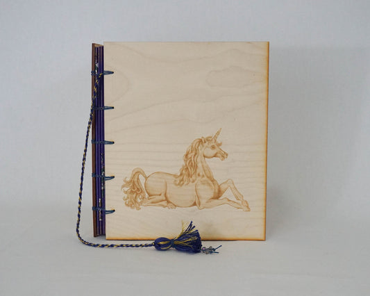 Large Wooden Cover Hand bound Journal with Engraved Vintage Illustration of a Unicorn