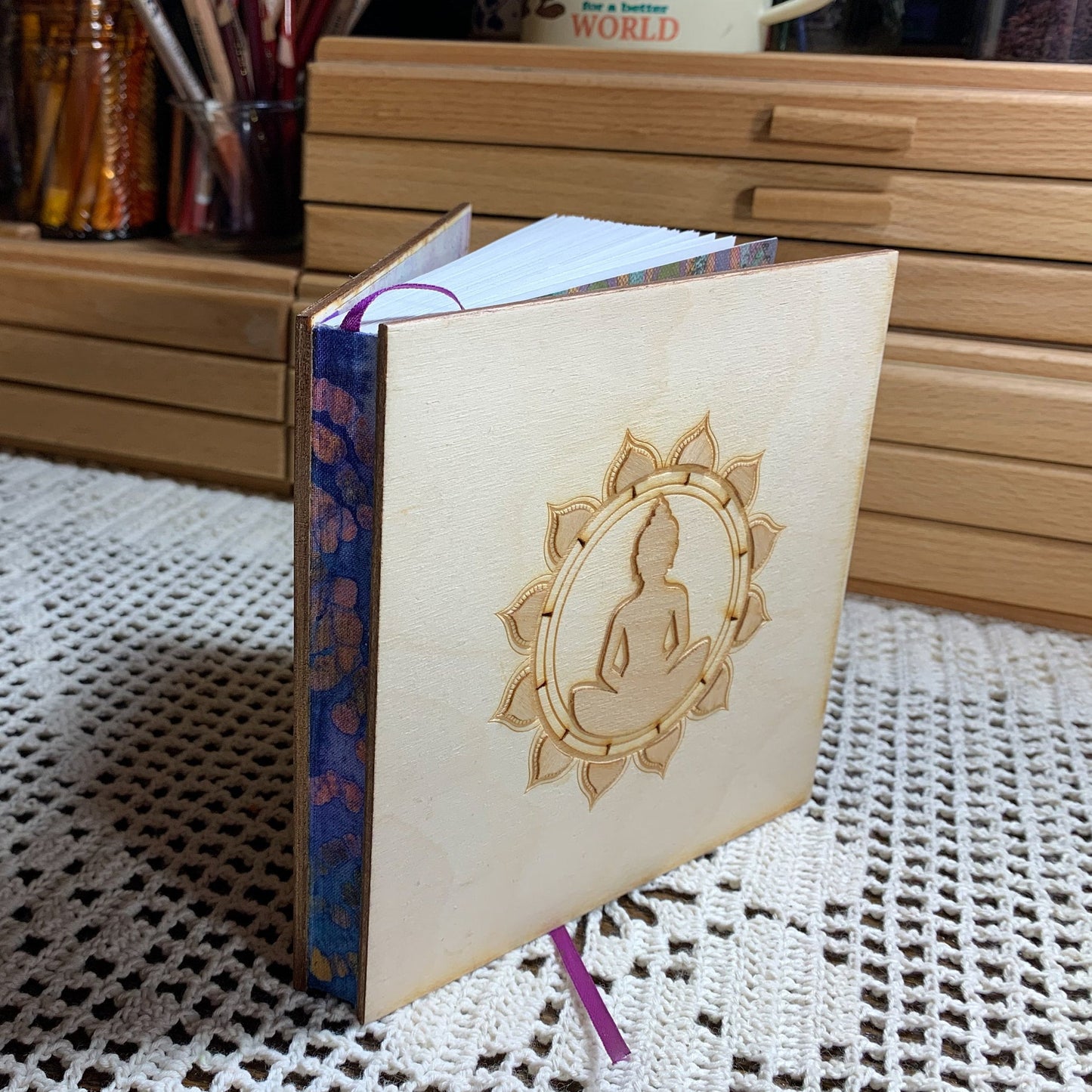 Square Buddha Art Journal with Wooden Cover and Veneer Detailing