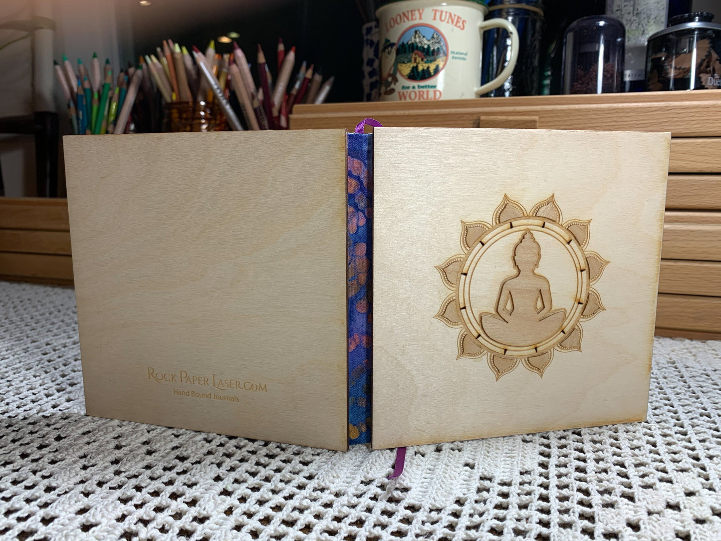 Square Buddha Art Journal with Wooden Cover and Veneer Detailing