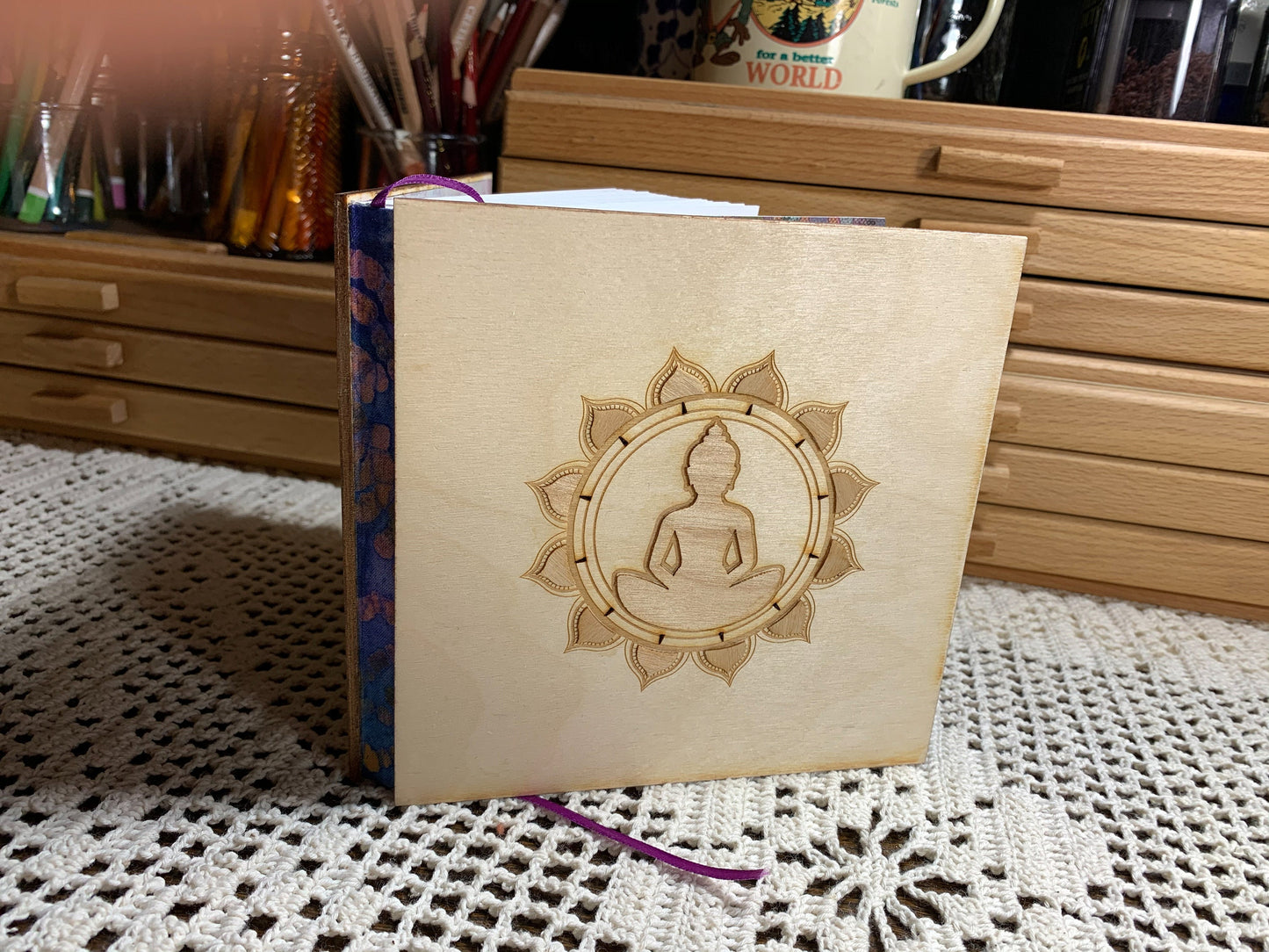 Square Buddha Art Journal with Wooden Cover and Veneer Detailing