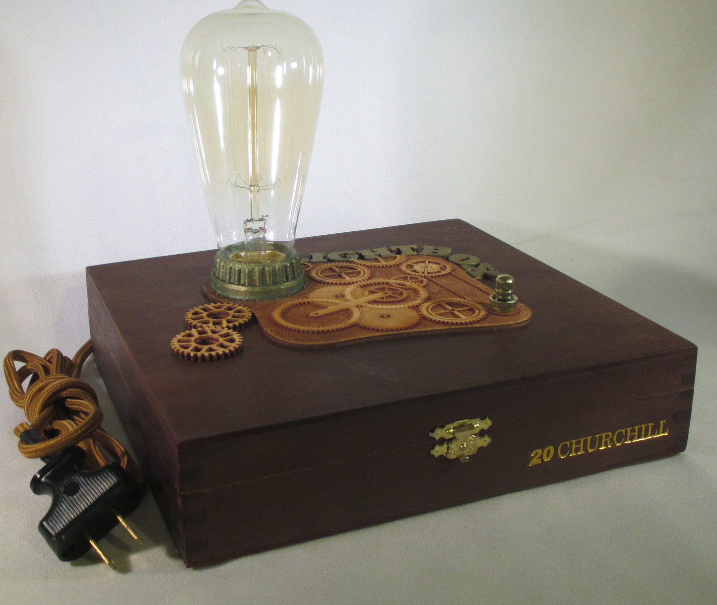 Light Box Retro Steampunk Lamp - Edison Bulb - Upcycled Cigar Box with Antique Replica Components