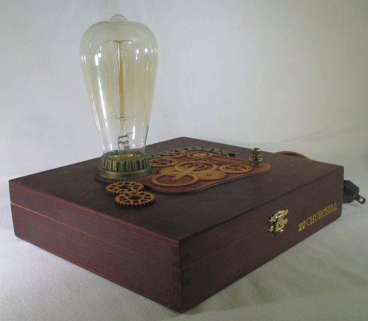 Light Box Retro Steampunk Lamp - Edison Bulb - Upcycled Cigar Box with Antique Replica Components