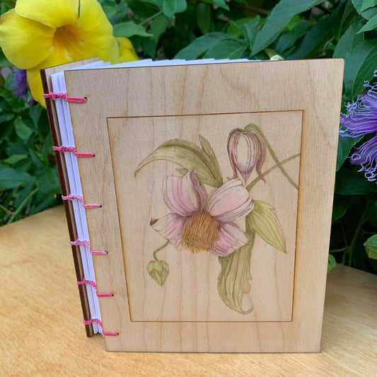 Handbound Journal with Engraved Wood Cover of Clematis Flower - Botanical Print Journal