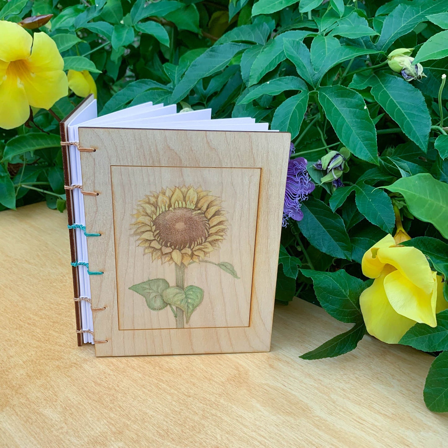 Handbound Journal with Engraved Wood Cover of a Sunflower - Botanical Print Journal