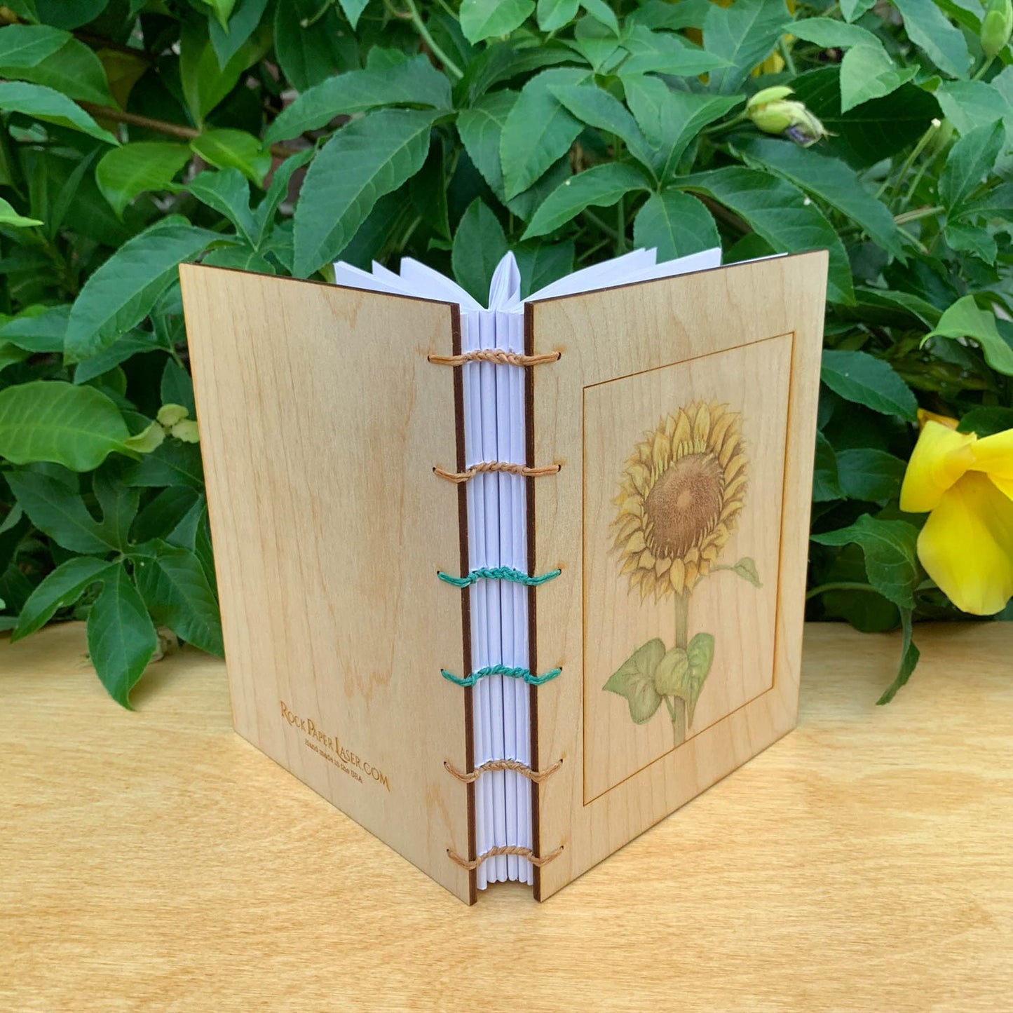 Handbound Journal with Engraved Wood Cover of a Sunflower - Botanical Print Journal