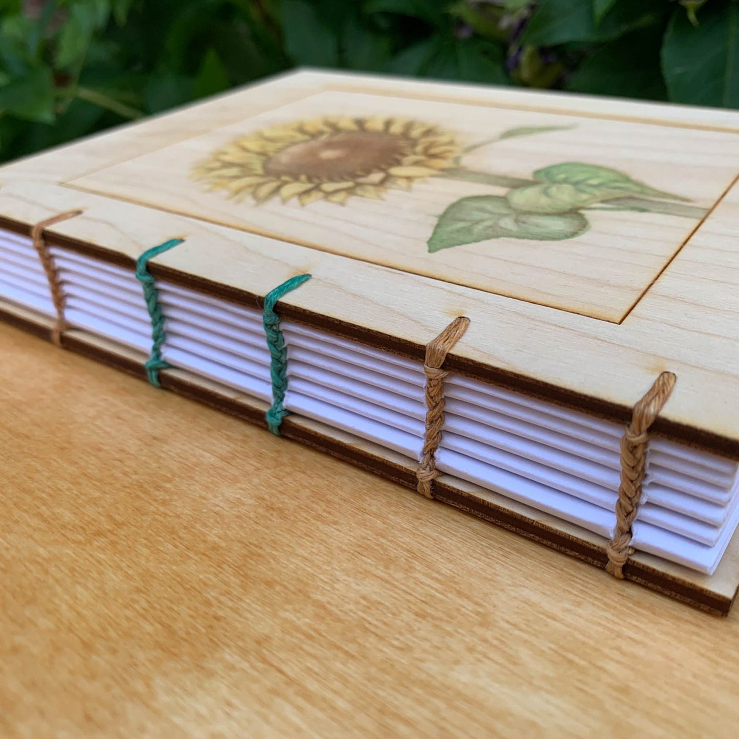 Handbound Journal with Engraved Wood Cover of a Sunflower - Botanical Print Journal