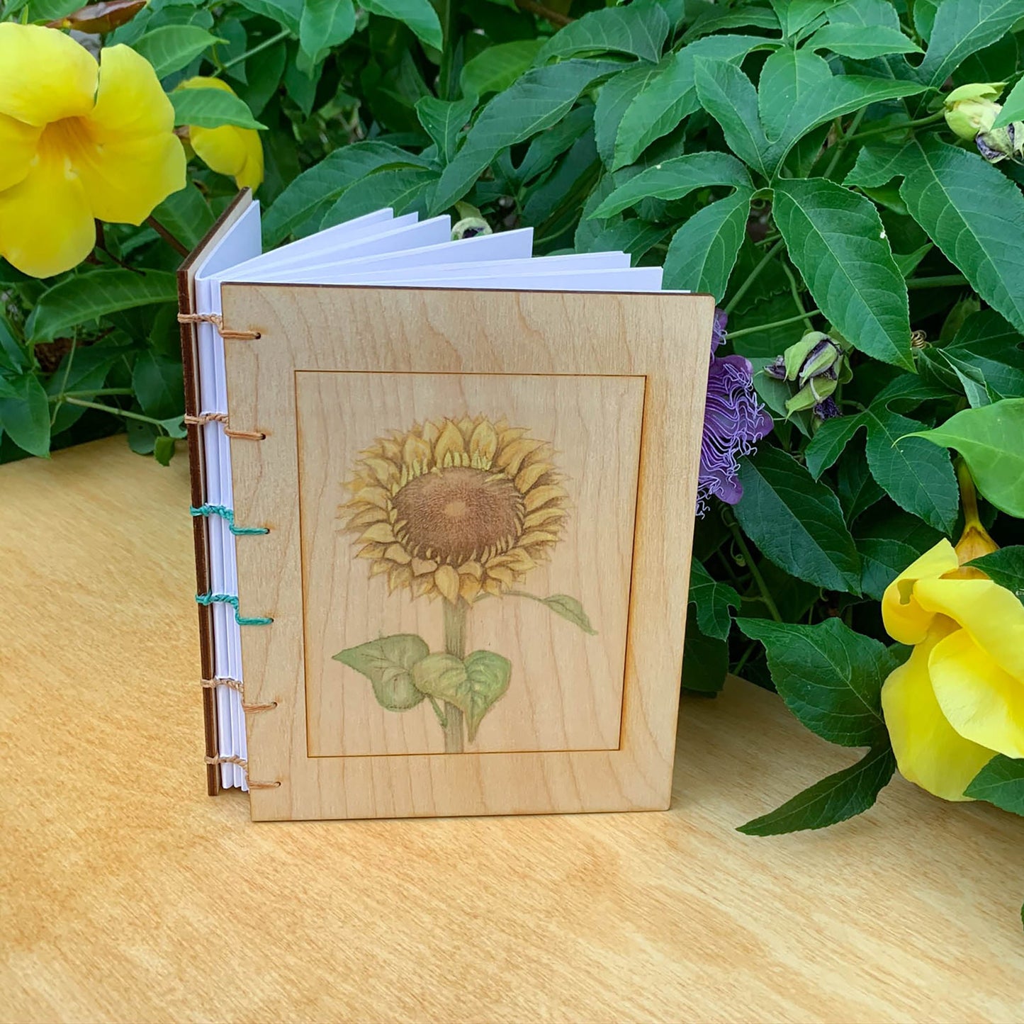 Handbound Journal with Engraved Wood Cover of a Sunflower - Botanical Print Journal