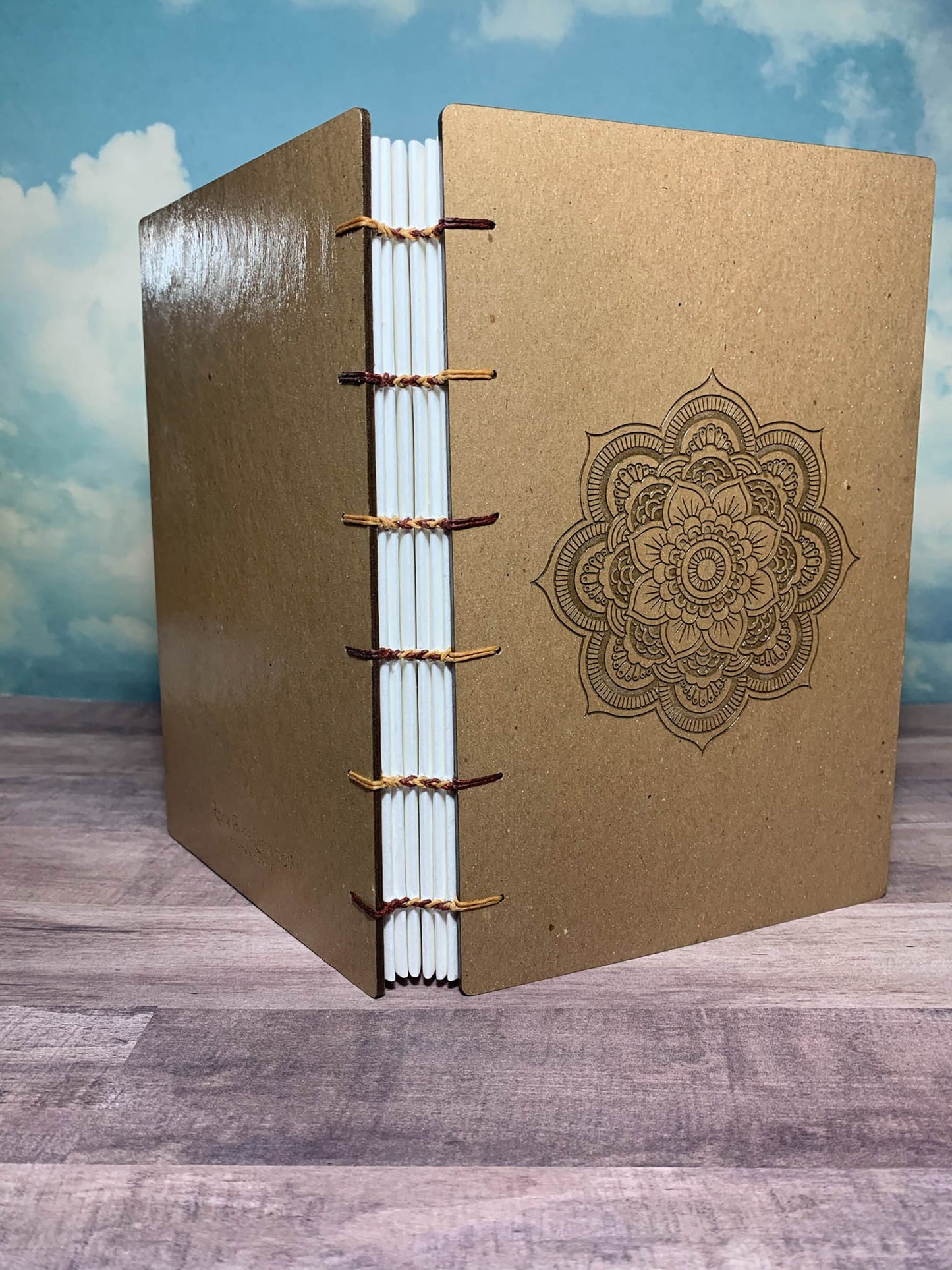 Large Handbound Watercolor Journal with Mandala Engraved on Chipboard Cover- Large Handbound Art Journal