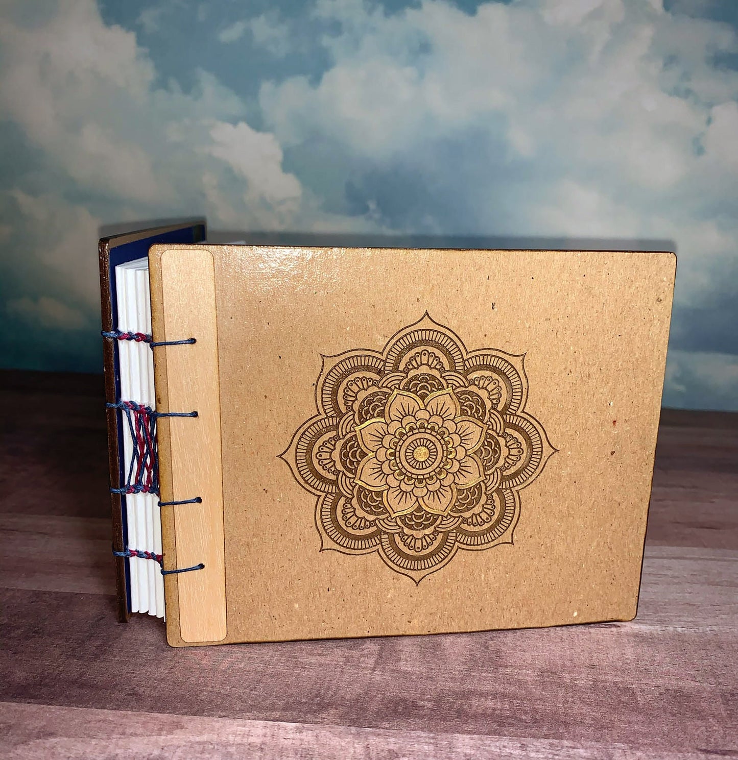 Handbound Watercolor Journal with Mandala Engraved on Chipboard Cover - Handbound Art Journal