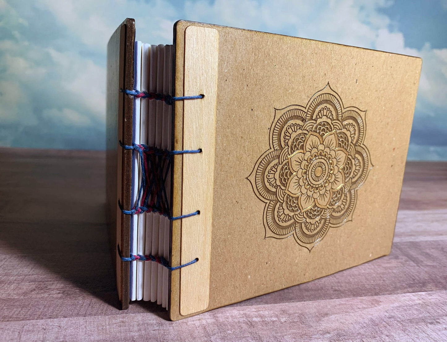 Handbound Watercolor Journal with Mandala Engraved on Chipboard Cover - Handbound Art Journal