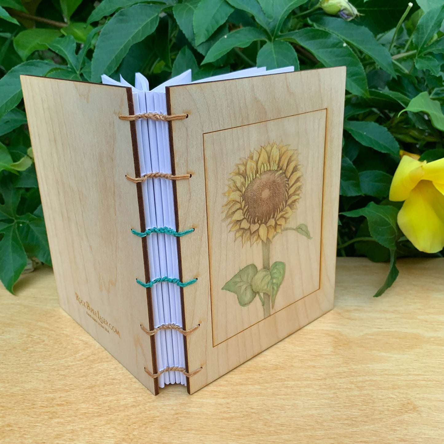 Handbound Journal with Engraved Wood Cover of a Sunflower - Botanical Print Journal