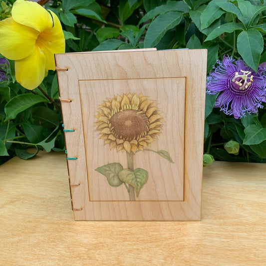 Handbound Journal with Engraved Wood Cover of a Sunflower - Botanical Print Journal