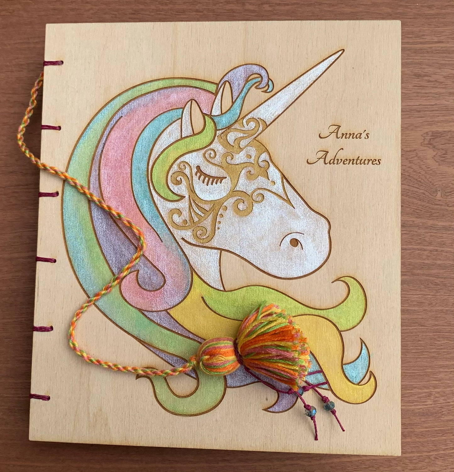 Large Wooden Cover Hand bound Journal with Engraved Unicorn