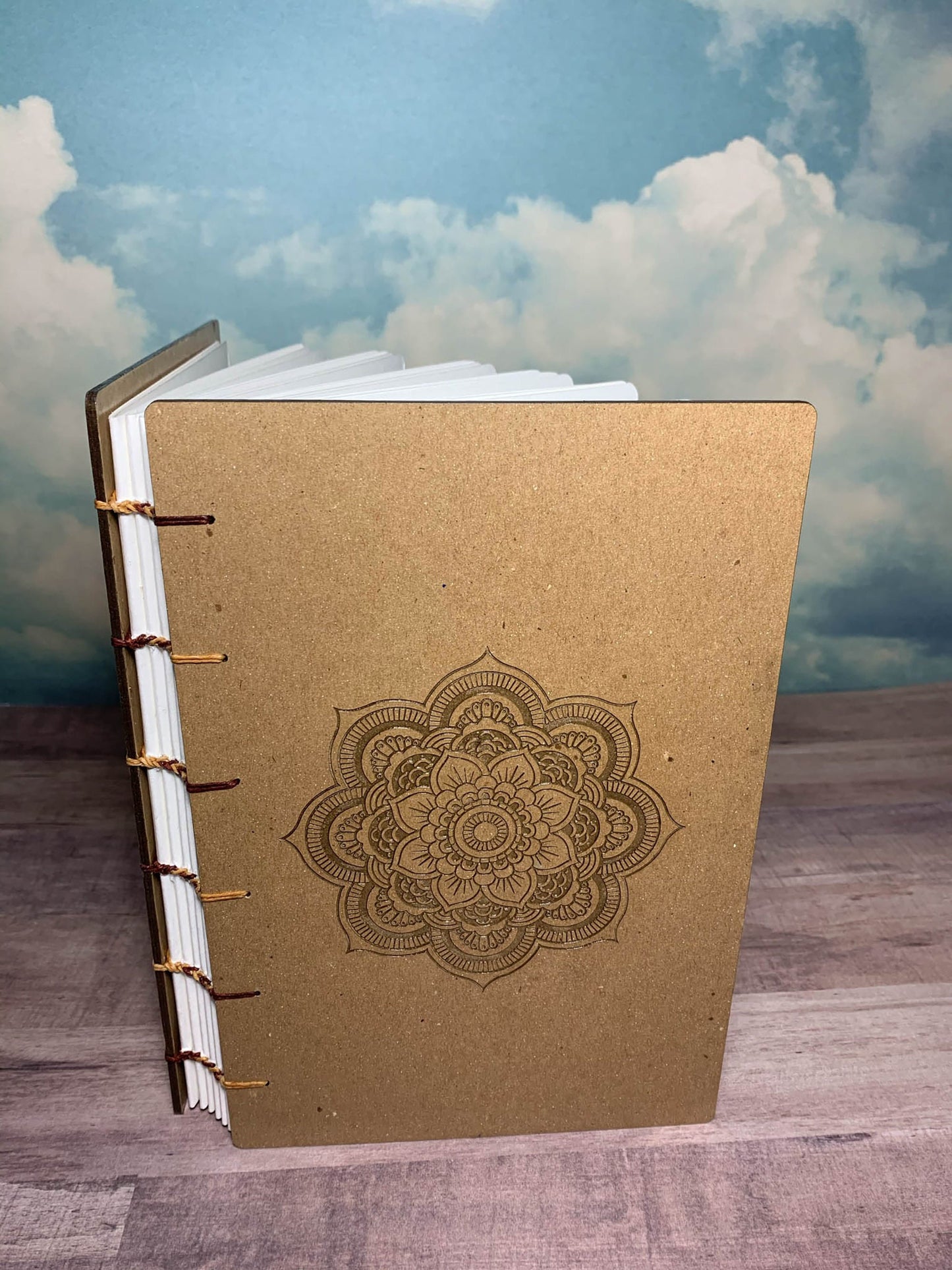 Large Handbound Watercolor Journal with Mandala Engraved on Chipboard Cover- Large Handbound Art Journal