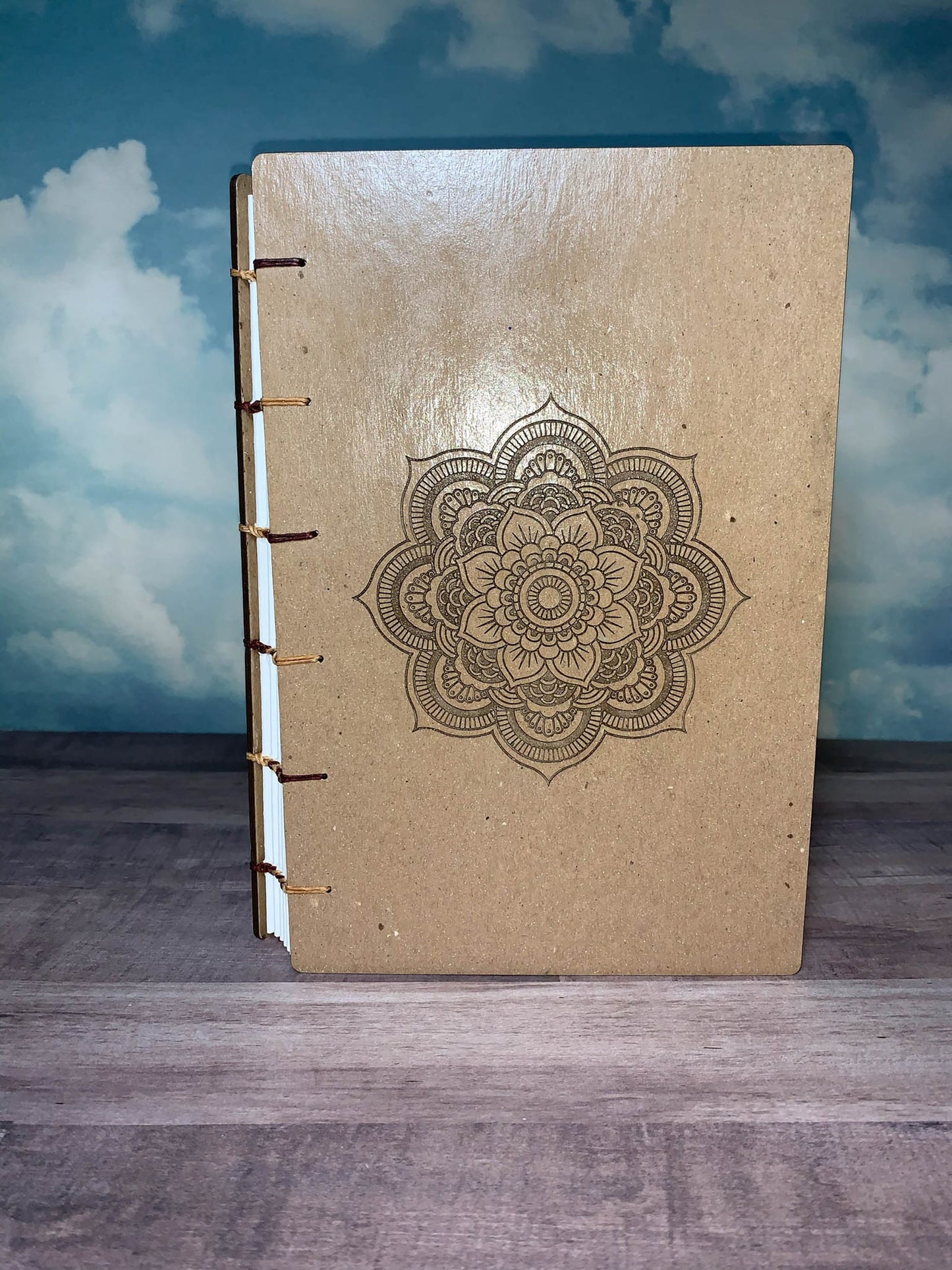 Large Handbound Watercolor Journal with Mandala Engraved on Chipboard Cover- Large Handbound Art Journal