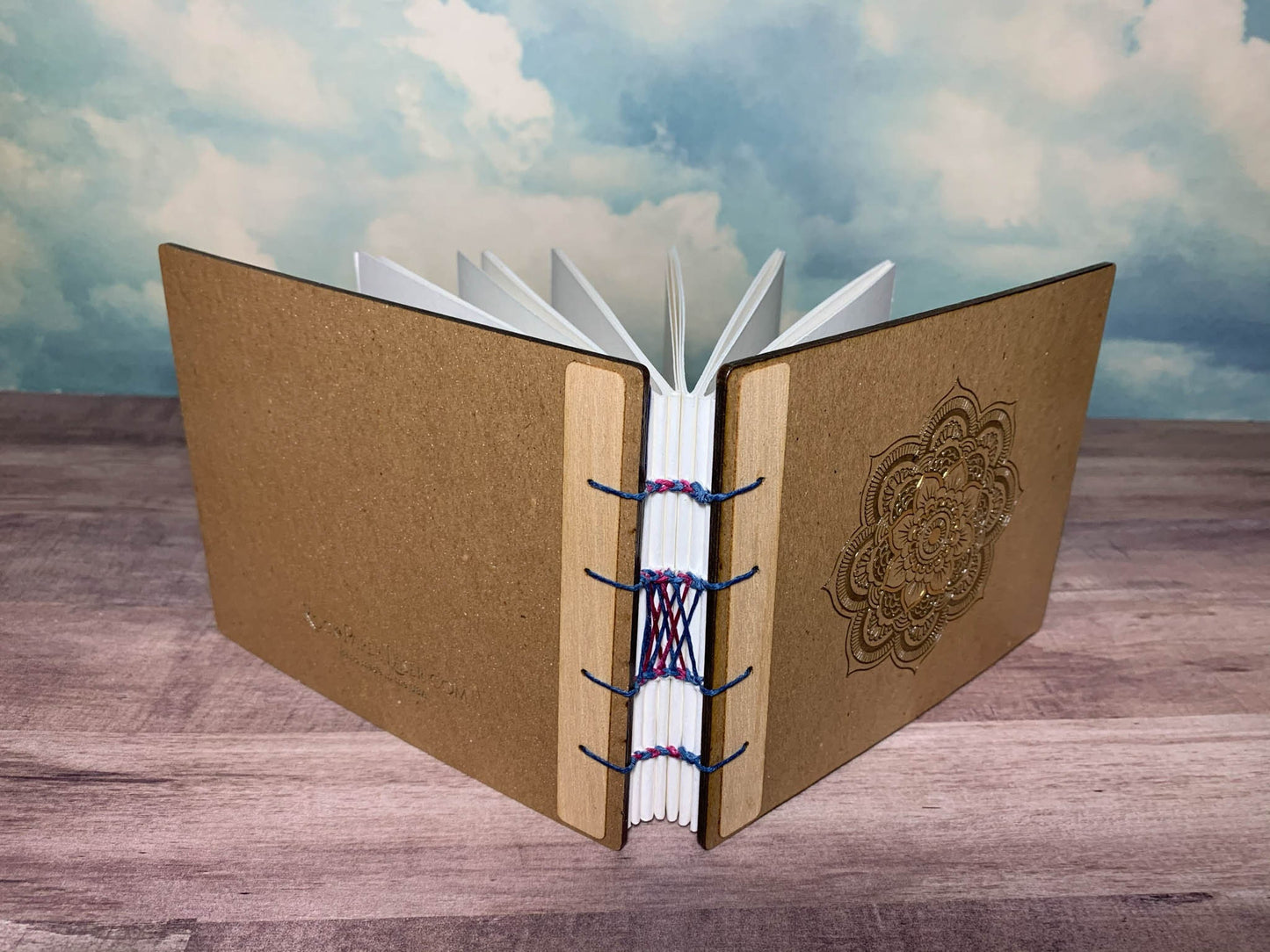 Handbound Watercolor Journal with Mandala Engraved on Chipboard Cover - Handbound Art Journal