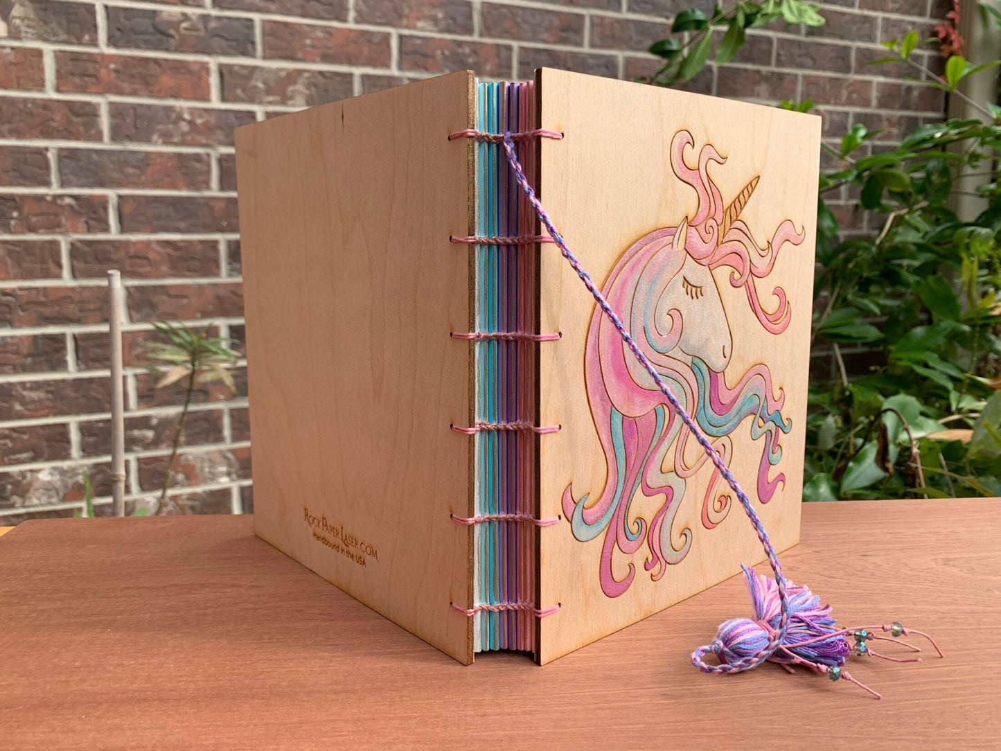 Large Wooden Cover Hand bound Journal with Engraved and Hand Painted Unicorn