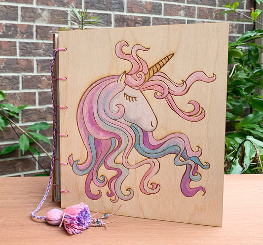 Large Wooden Cover Hand bound Journal with Engraved and Hand Painted Unicorn