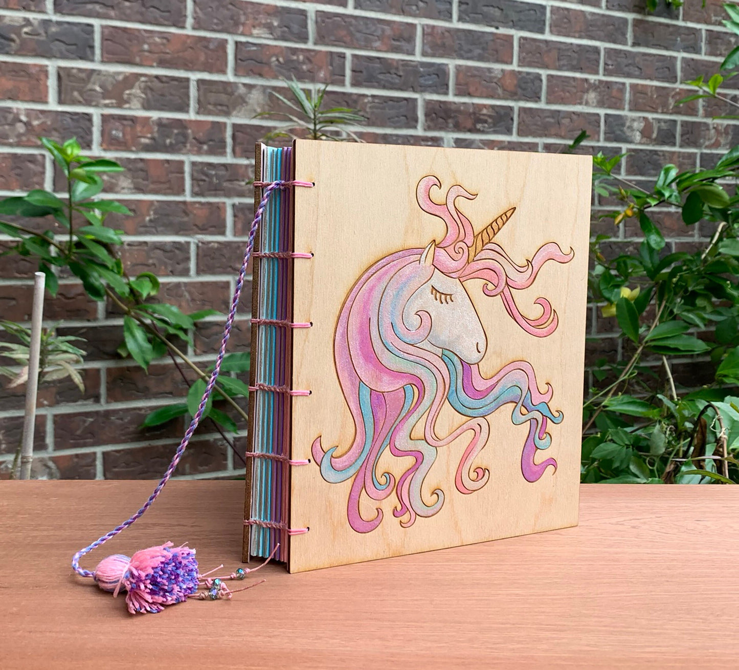 Large Wooden Cover Hand bound Journal with Engraved and Hand Painted Unicorn