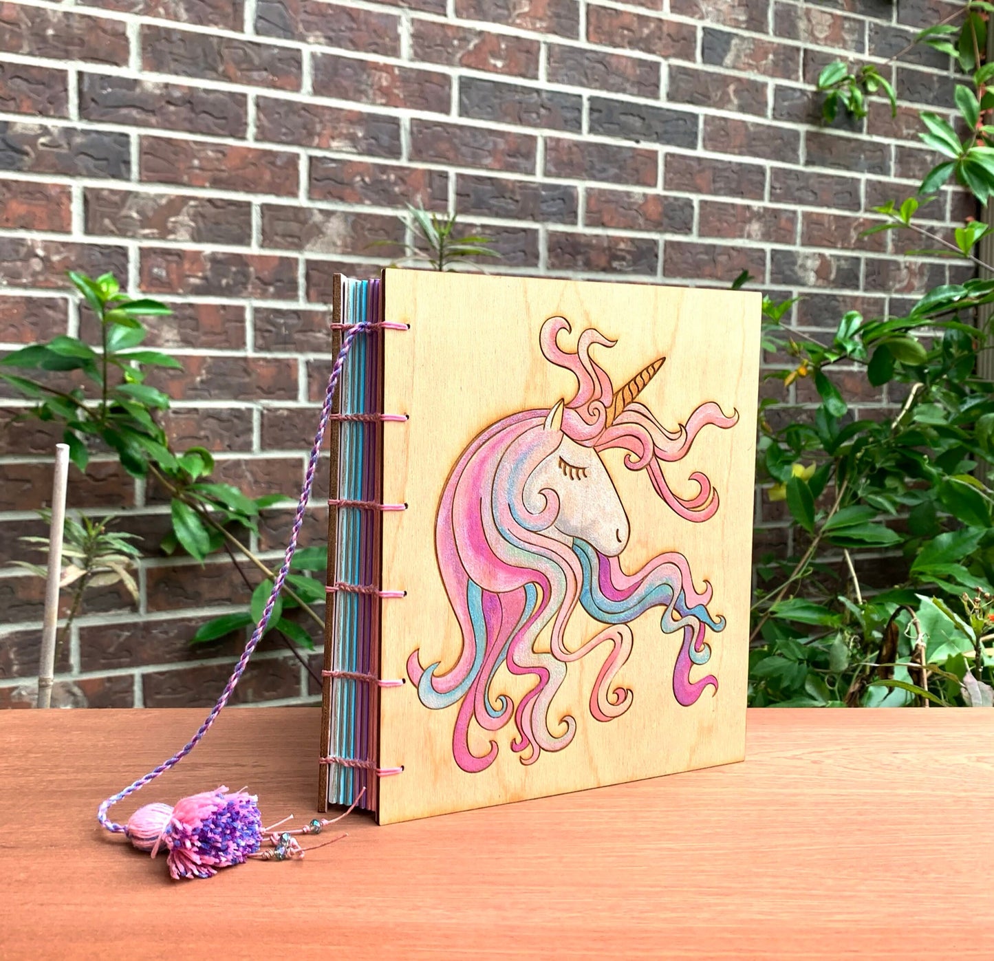 Large Wooden Cover Hand bound Journal with Engraved and Hand Painted Unicorn