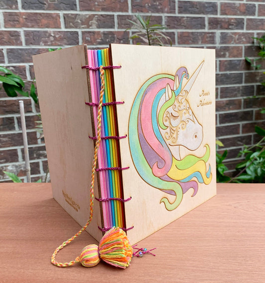 Large Wooden Cover Hand bound Journal with Engraved Unicorn