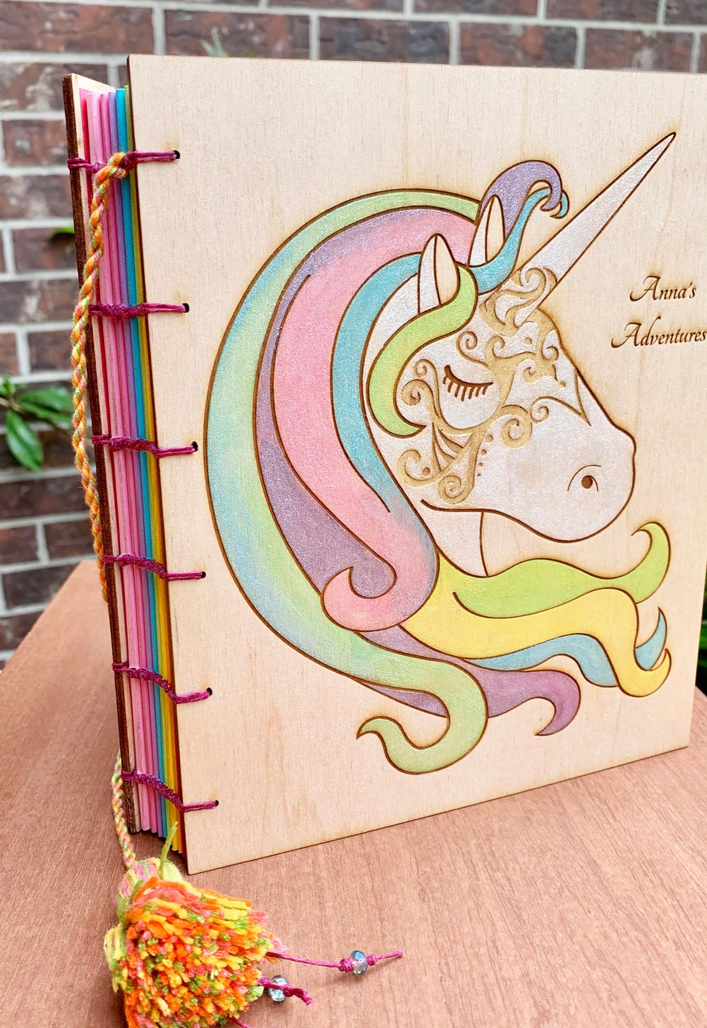 Large Wooden Cover Hand bound Journal with Engraved Unicorn