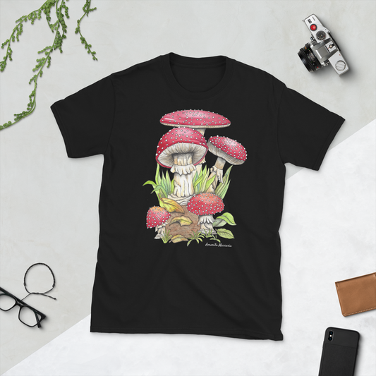 Black T-Shirt with Botanical Print of Amanita Muscaria Mushrooms