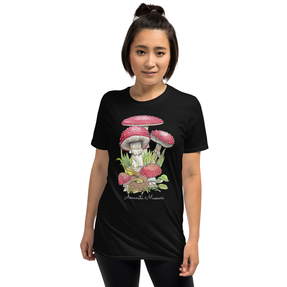 Black T-Shirt with Botanical Print of Amanita Muscaria Mushrooms