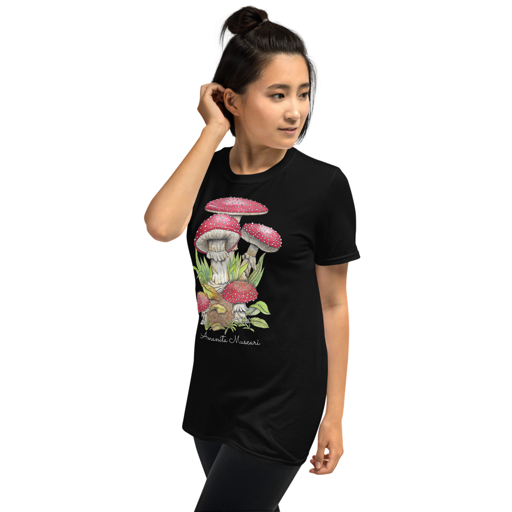 Black T-Shirt with Botanical Print of Amanita Muscaria Mushrooms