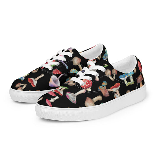 Black Canvas Shoes with Botanical Print of Mushrooms