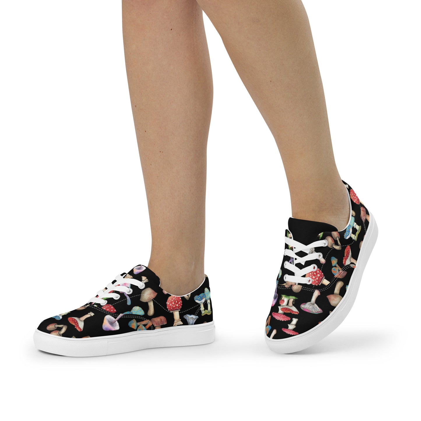 Black Canvas Shoes with Botanical Print of Mushrooms