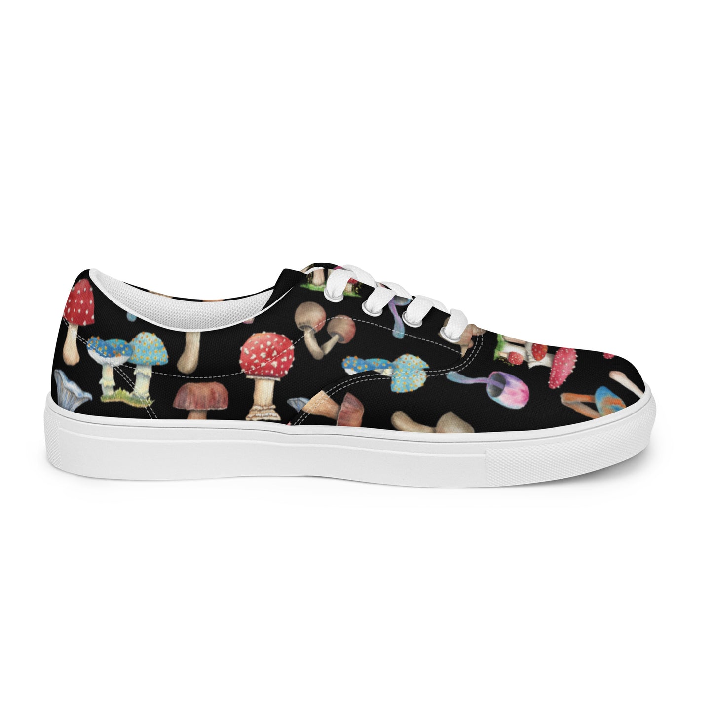 Black Canvas Shoes with Botanical Print of Mushrooms