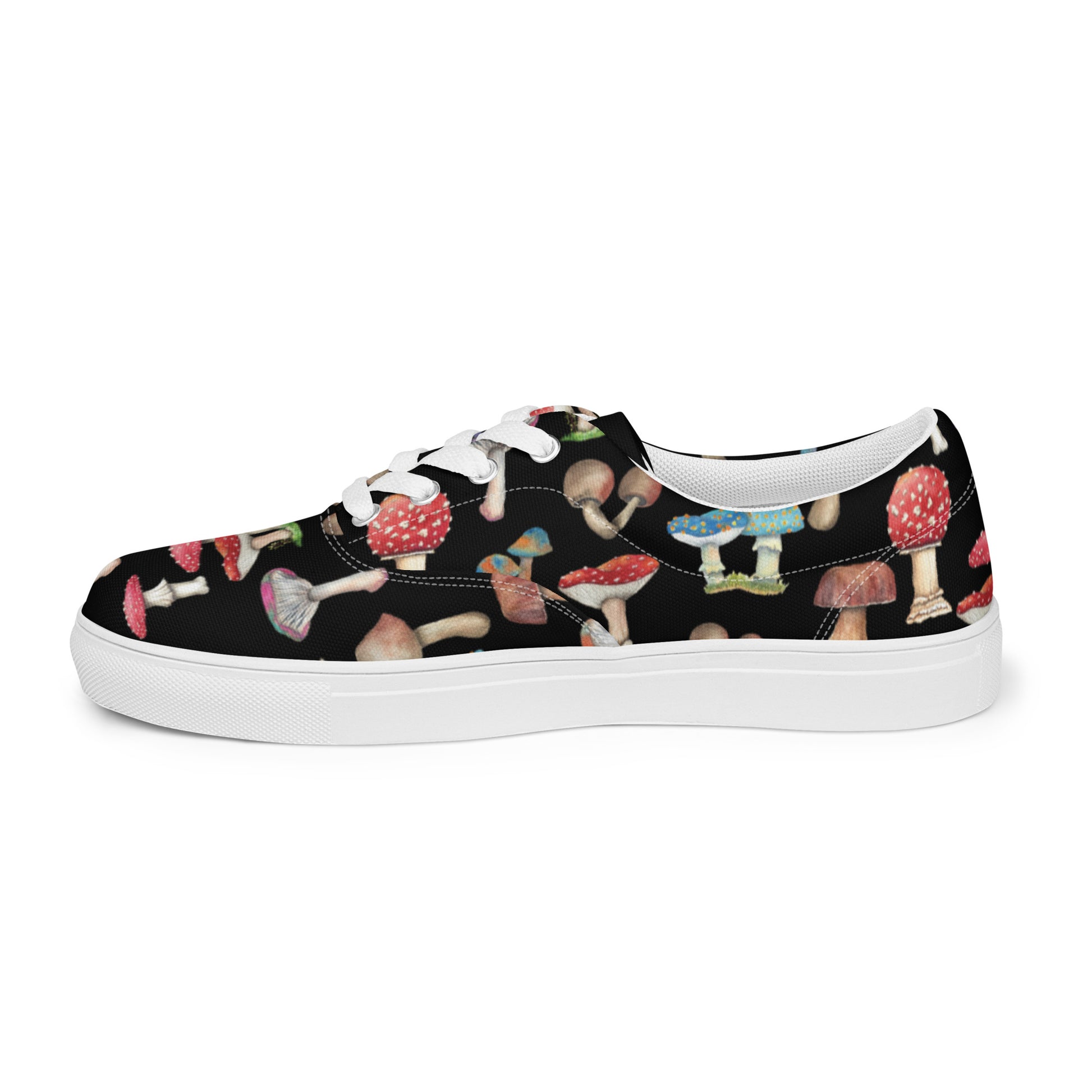 Black Canvas Shoes with Botanical Print of Mushrooms