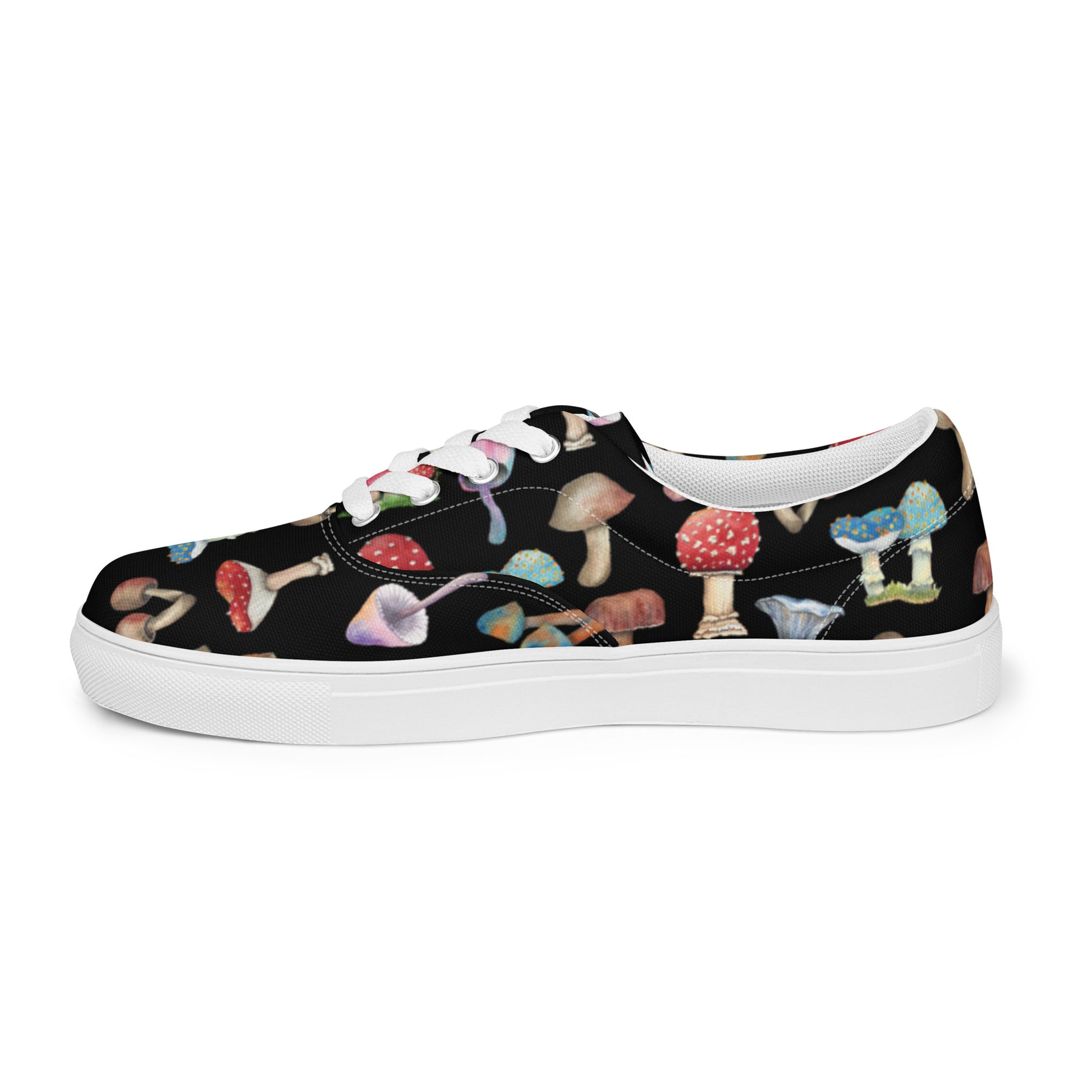 Black Canvas Shoes with Botanical Print of Mushrooms