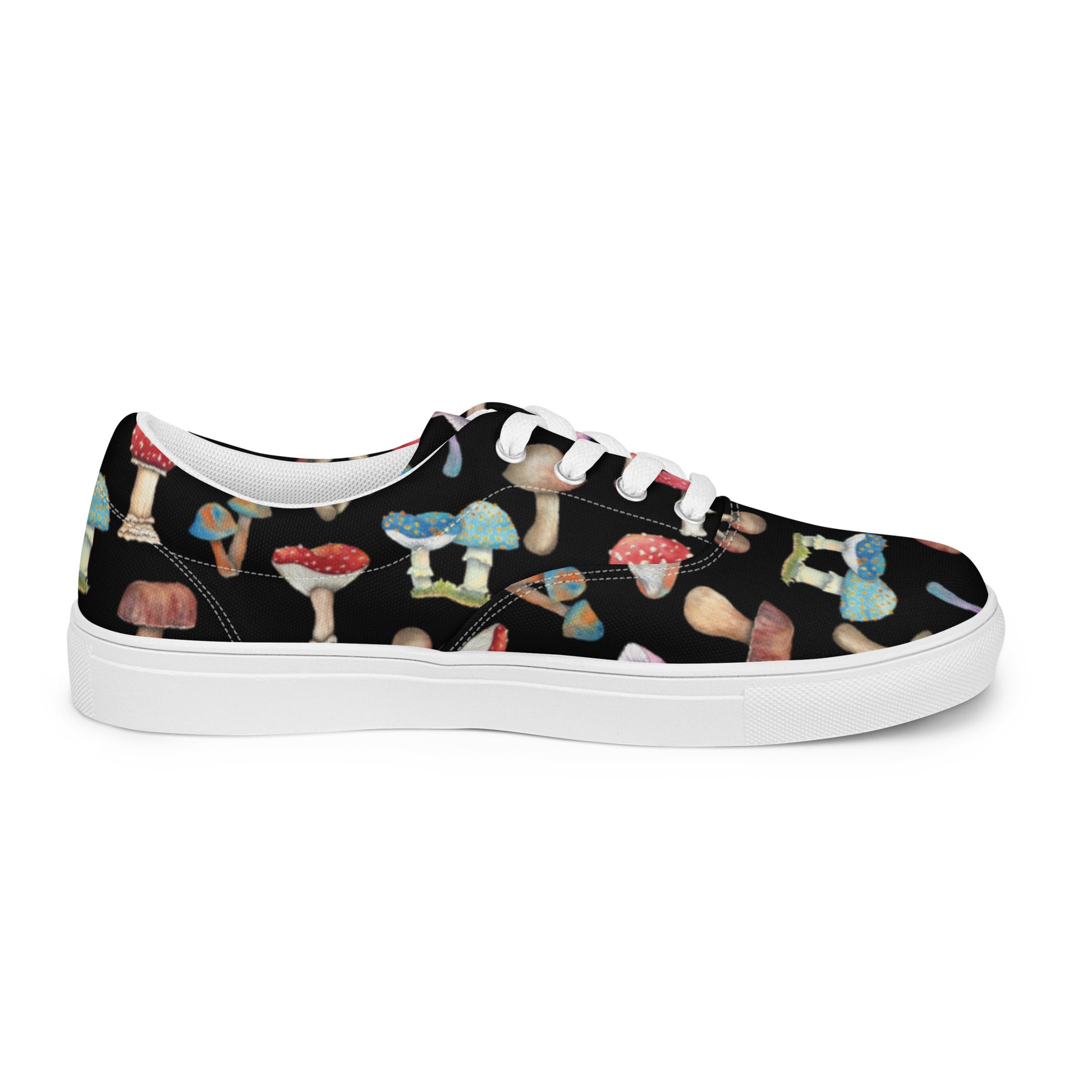 Black Canvas Shoes with Botanical Print of Mushrooms